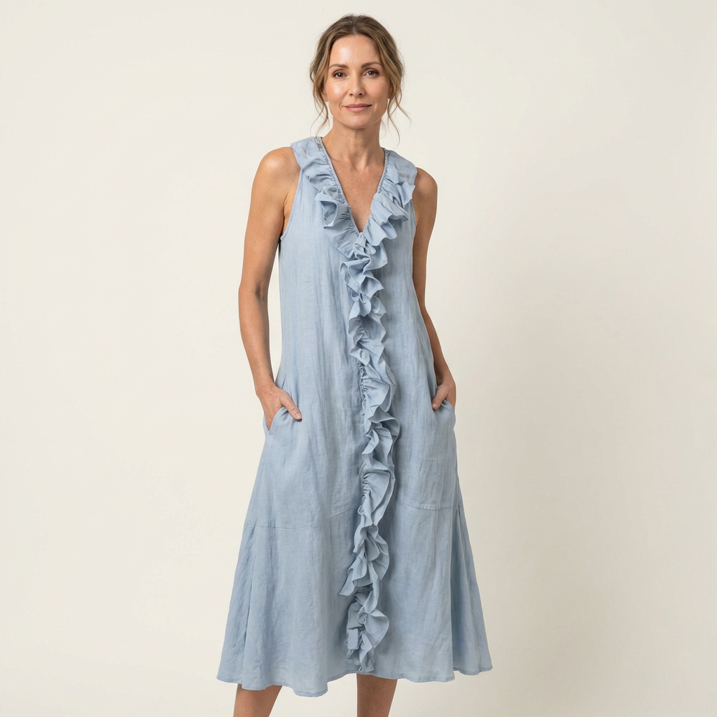 Vicky | Ruffle Front V Neck Sleeveless Linen Maxi Dress