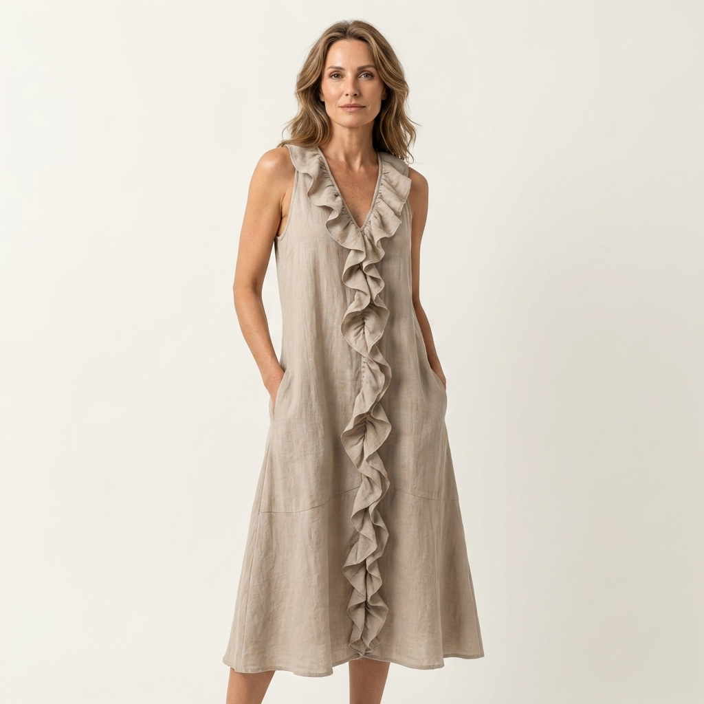 Vicky | Ruffle Front V Neck Sleeveless Linen Maxi Dress