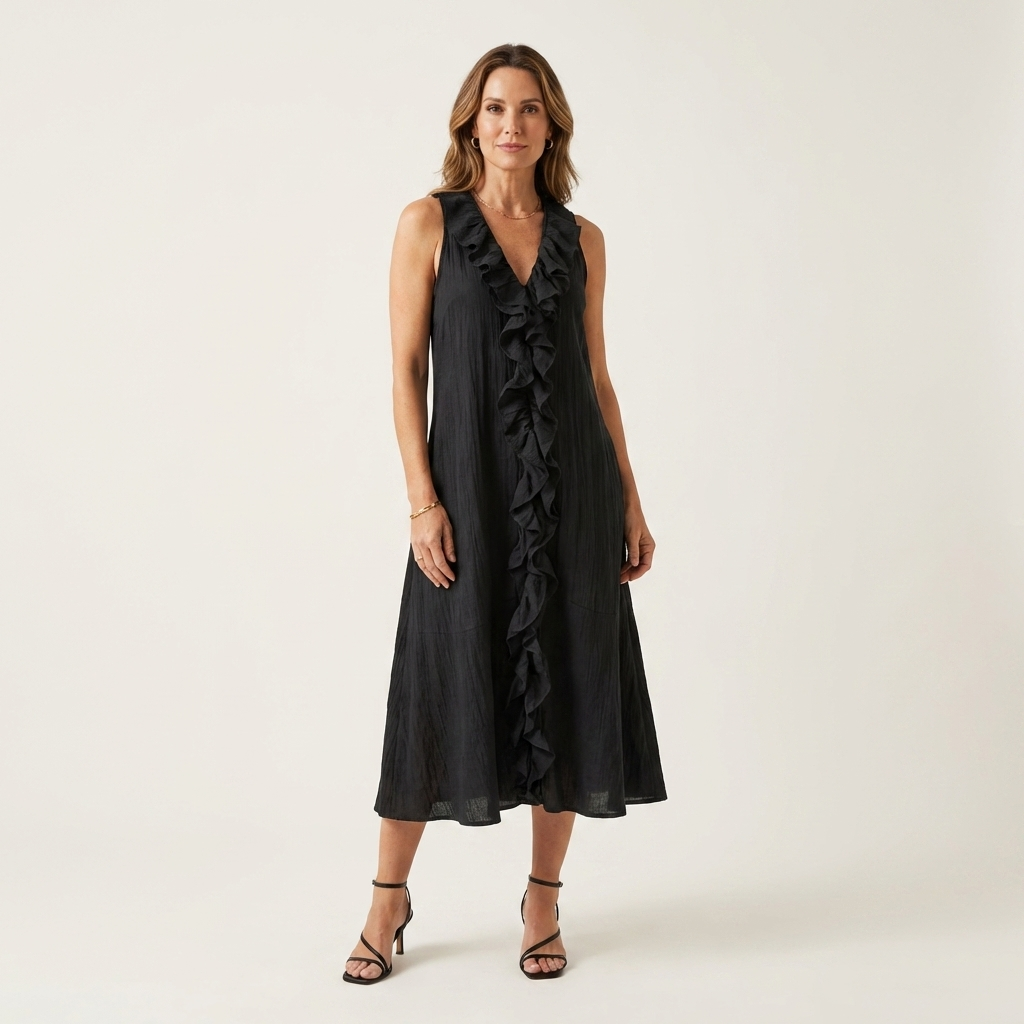 Vicky | Ruffle Front V Neck Sleeveless Linen Maxi Dress