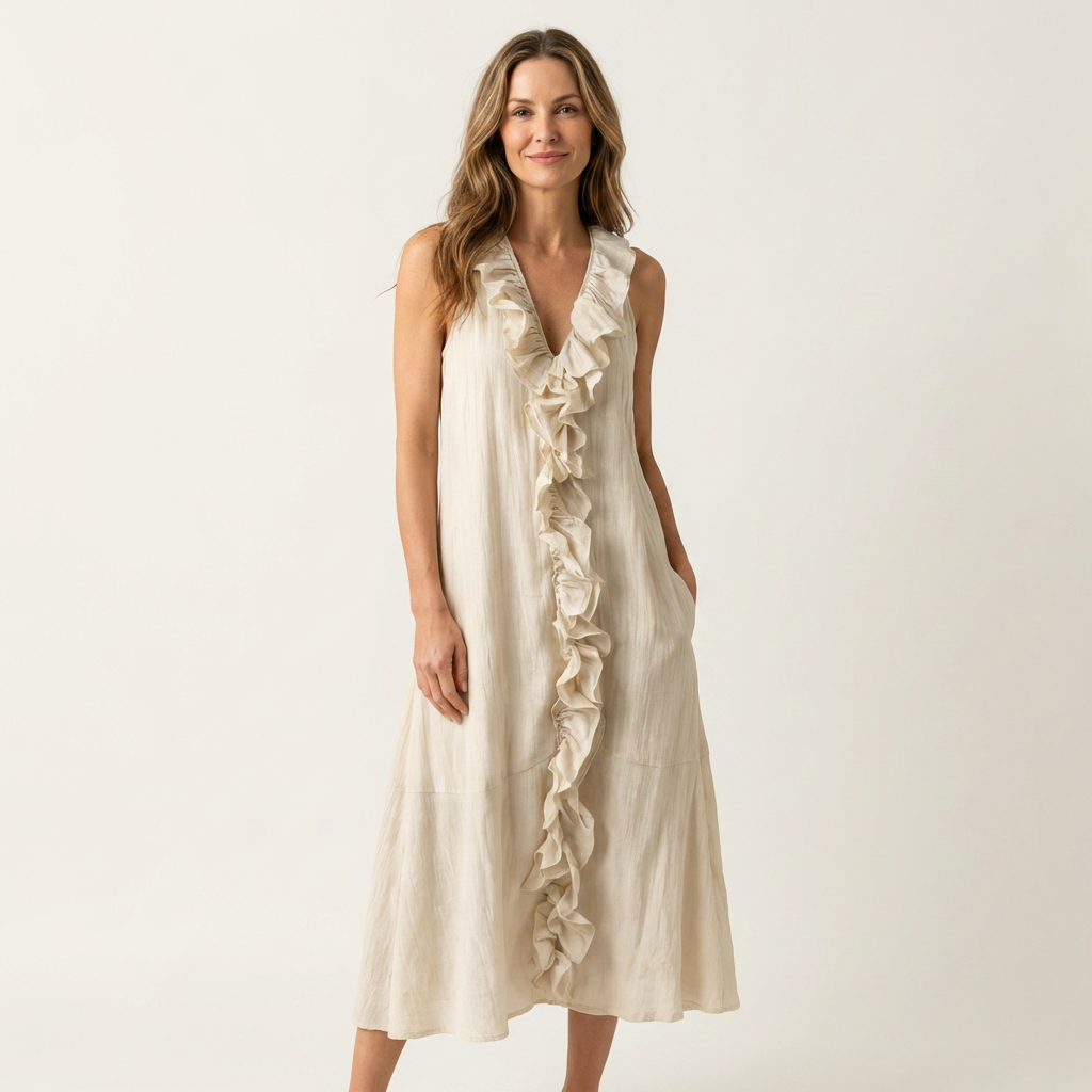 Vicky | Ruffle Front V Neck Sleeveless Linen Maxi Dress