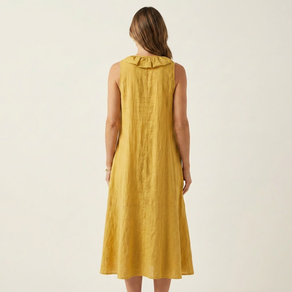 Vicky | Ruffle Front V Neck Sleeveless Linen Maxi Dress