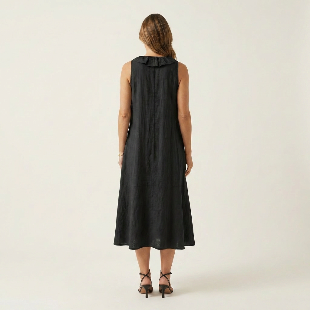Vicky | Ruffle Front V Neck Sleeveless Linen Maxi Dress