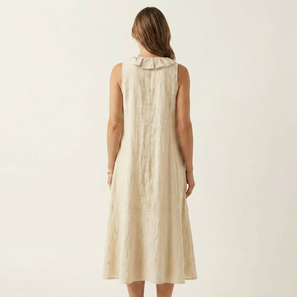 Vicky | Ruffle Front V Neck Sleeveless Linen Maxi Dress
