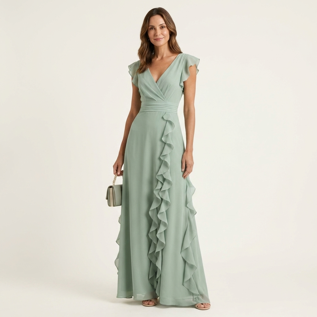 Nellyana | Wrap Style V Neck Flutter Sleeve Cascading Ruffle Dress