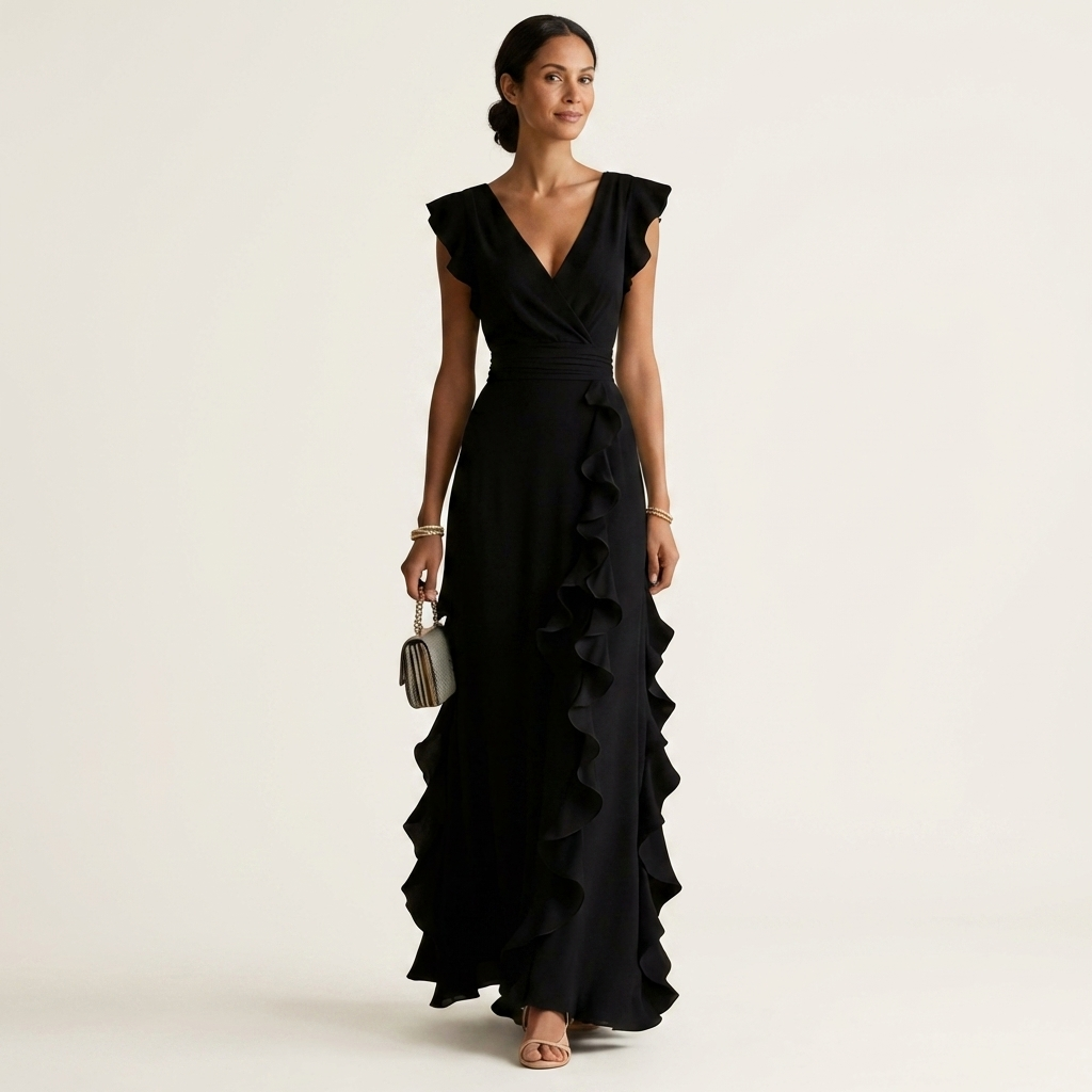 Nellyana | Wrap Style V Neck Flutter Sleeve Cascading Ruffle Dress
