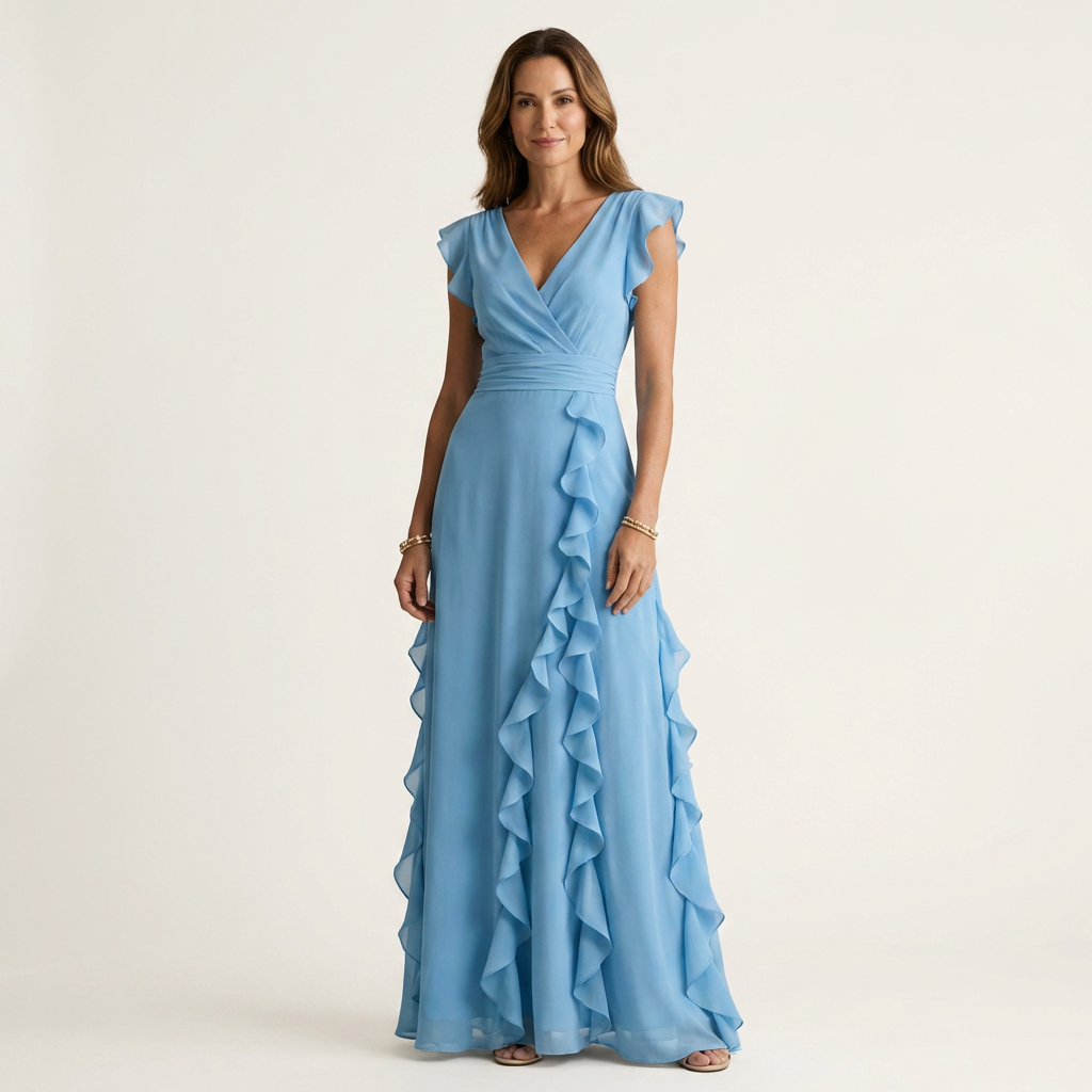 Nellyana | Wrap Style V Neck Flutter Sleeve Cascading Ruffle Dress