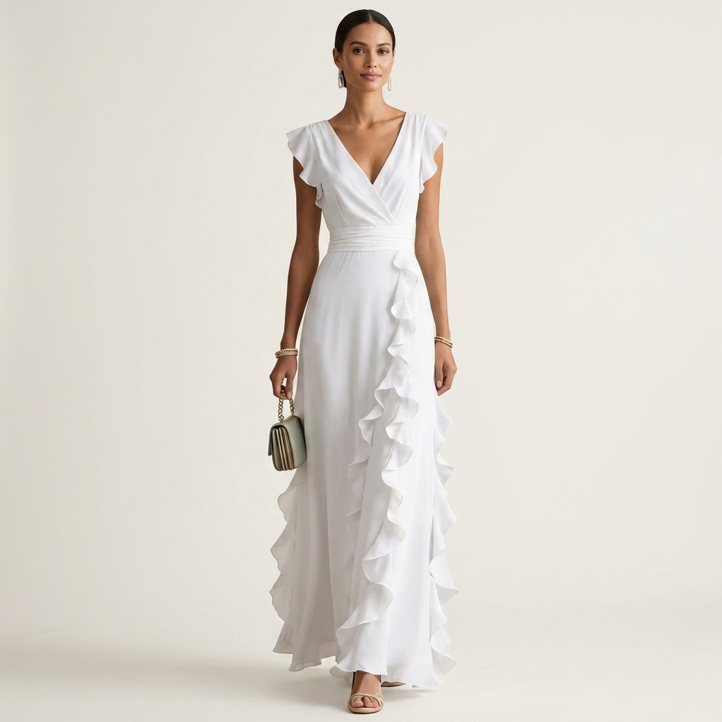 Nellyana | Wrap Style V Neck Flutter Sleeve Cascading Ruffle Dress