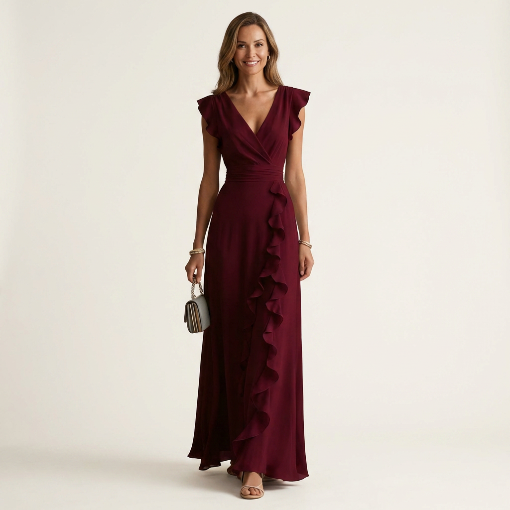 Nellyana | Wrap Style V Neck Flutter Sleeve Cascading Ruffle Dress