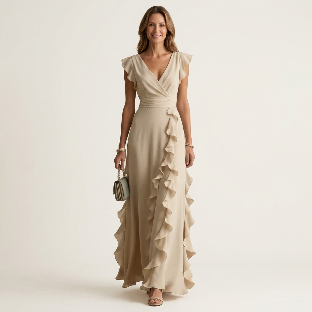 Nellyana | Wrap Style V Neck Flutter Sleeve Cascading Ruffle Dress