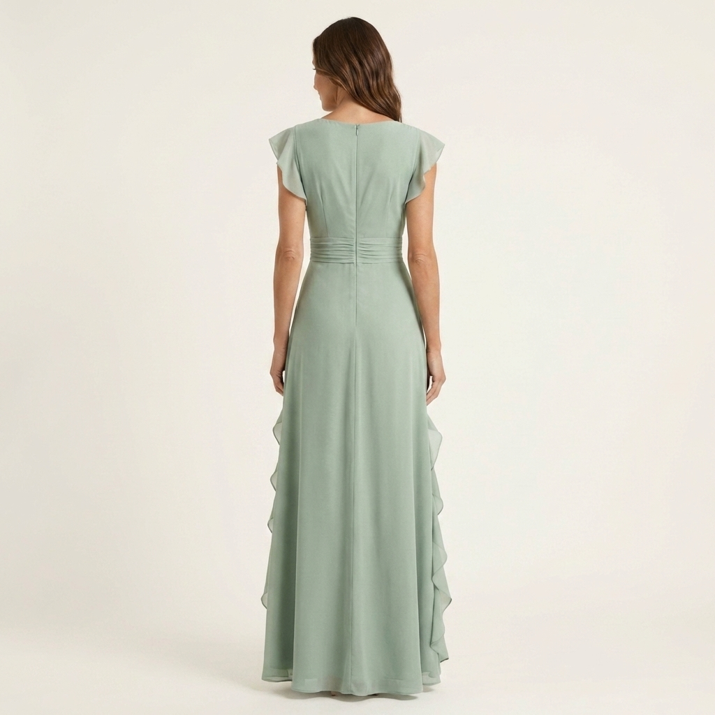 Nellyana | Wrap Style V Neck Flutter Sleeve Cascading Ruffle Dress