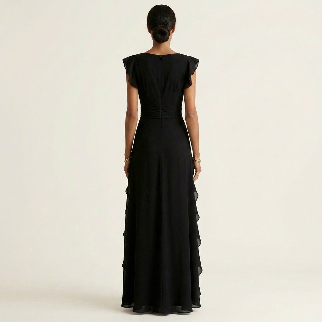 Nellyana | Wrap Style V Neck Flutter Sleeve Cascading Ruffle Dress