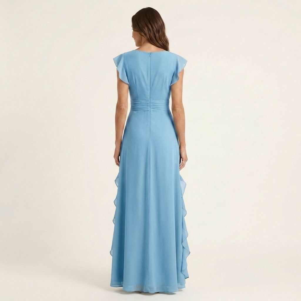 Nellyana | Wrap Style V Neck Flutter Sleeve Cascading Ruffle Dress
