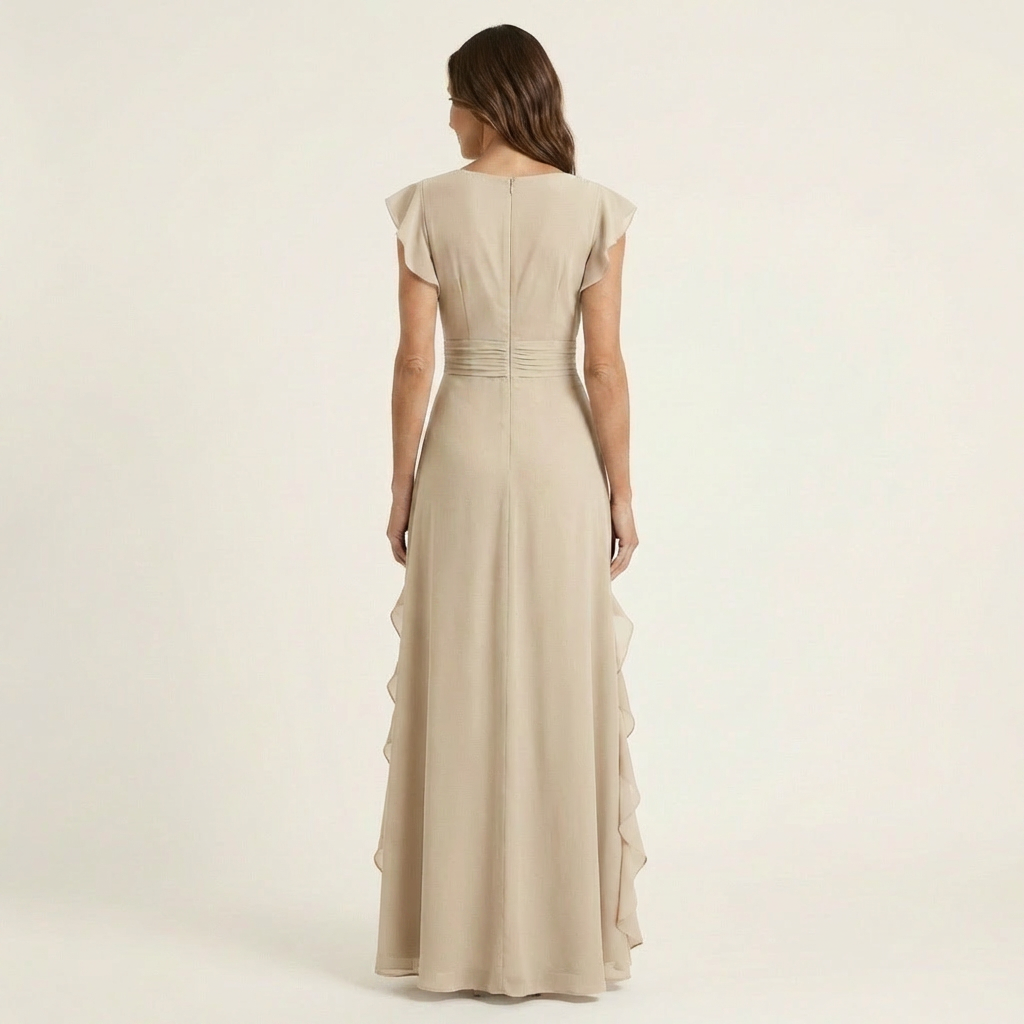 Nellyana | Wrap Style V Neck Flutter Sleeve Cascading Ruffle Dress