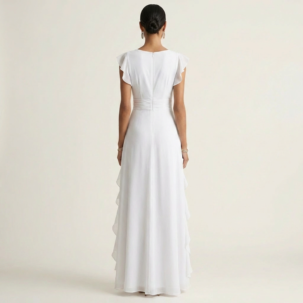 Nellyana | Wrap Style V Neck Flutter Sleeve Cascading Ruffle Dress