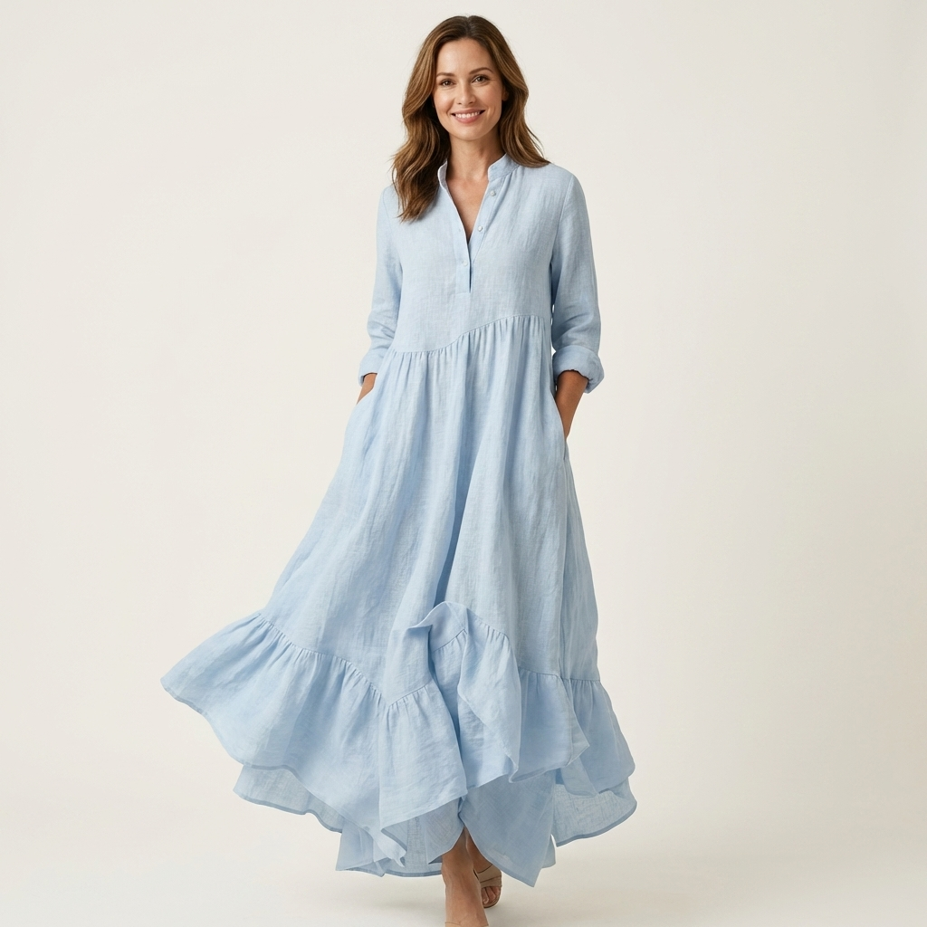 Jilana | Stand Collar Button Front Ruffle Hem Maxi Dress