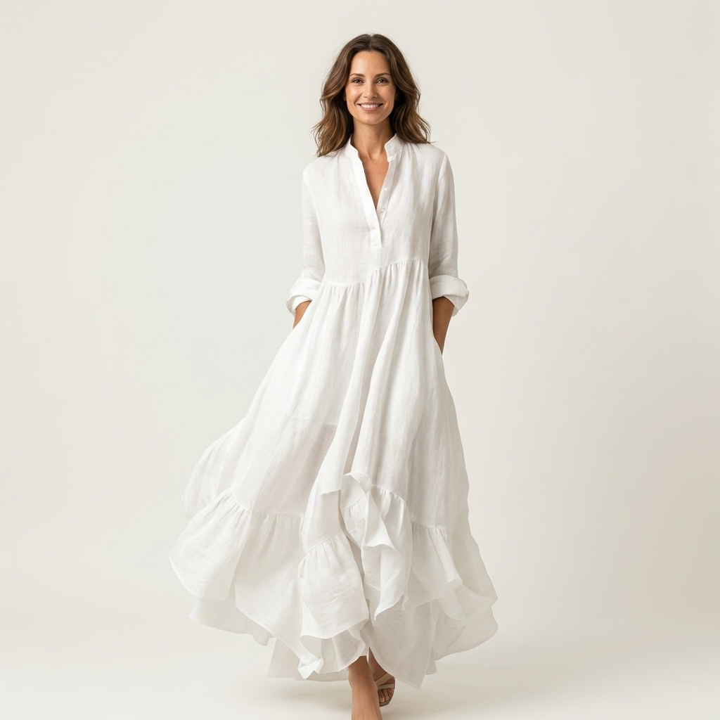 Jilana | Stand Collar Button Front Ruffle Hem Maxi Dress