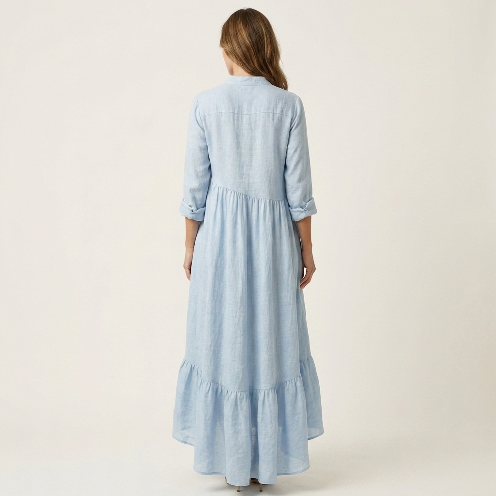 Jilana | Stand Collar Button Front Ruffle Hem Maxi Dress