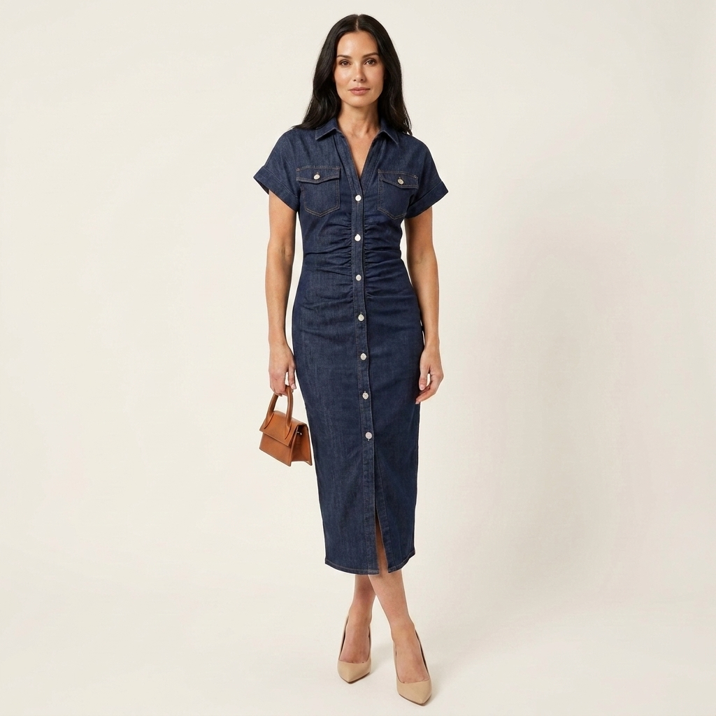 Maya | Button Front Bodycon Denim Midi Dress