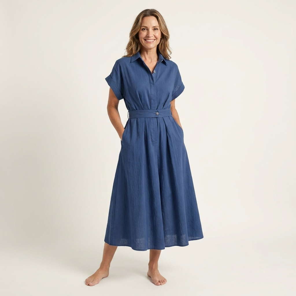 Melody | Belted Button Front Denim Midi Dress
