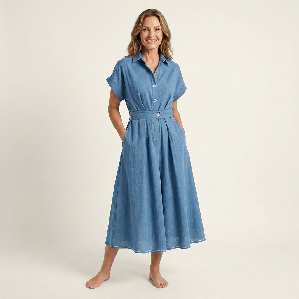 Melody | Belted Button Front Denim Midi Dress