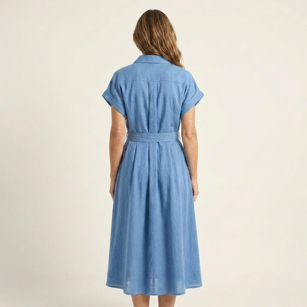 Melody | Belted Button Front Denim Midi Dress