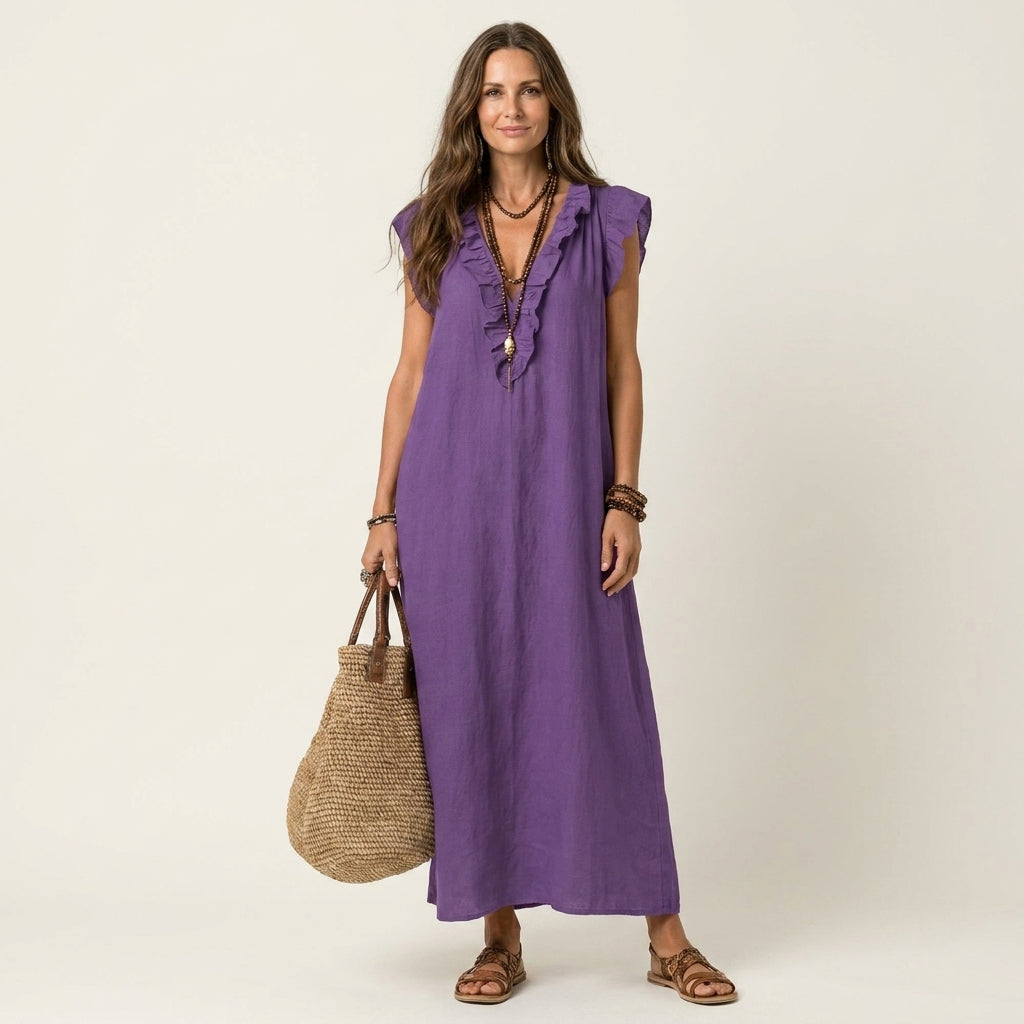 Josette | Ruffle V Neck Linen Maxi Dress