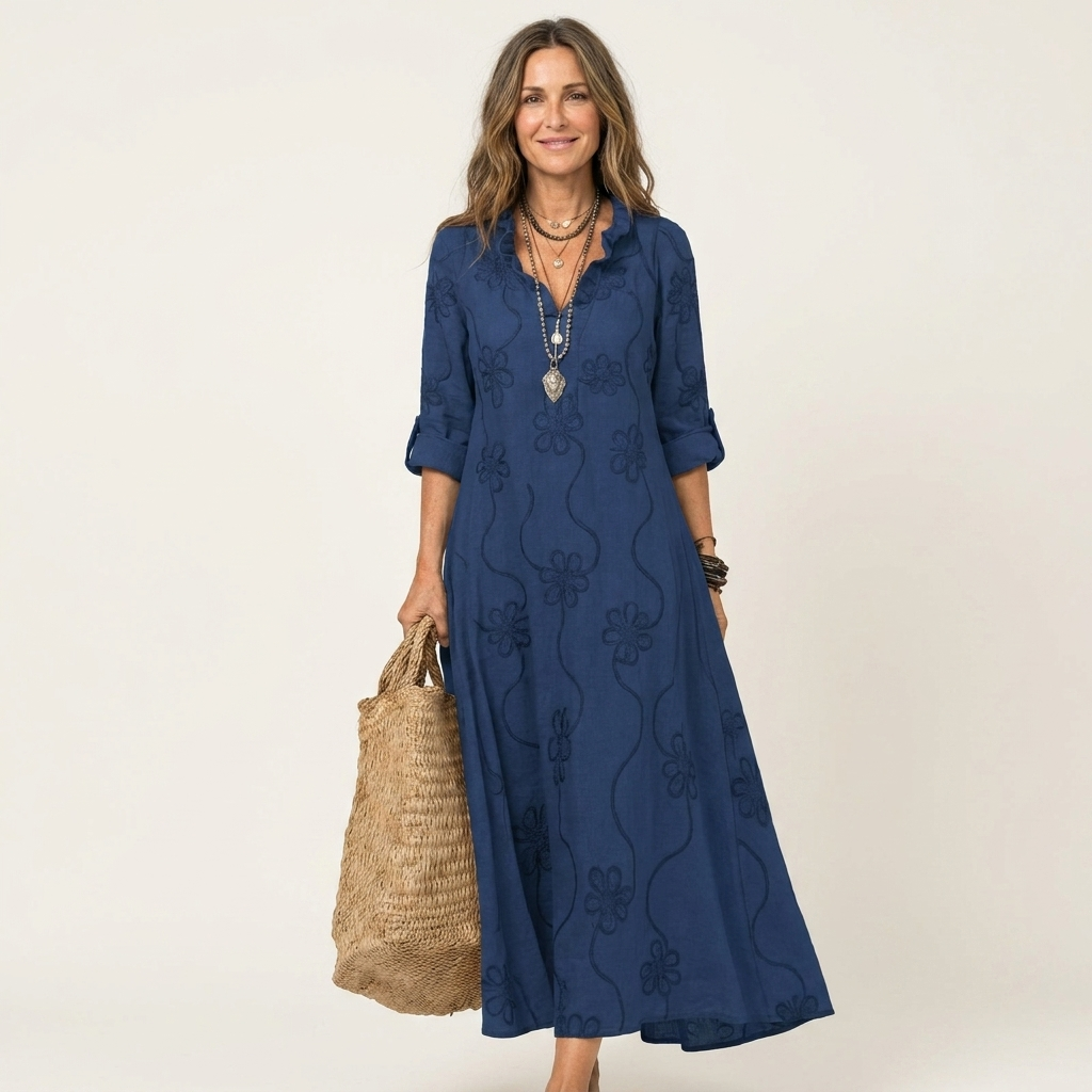 Mariam | Cotton Linen Maxi Dress With Tonal Floral Embroidery