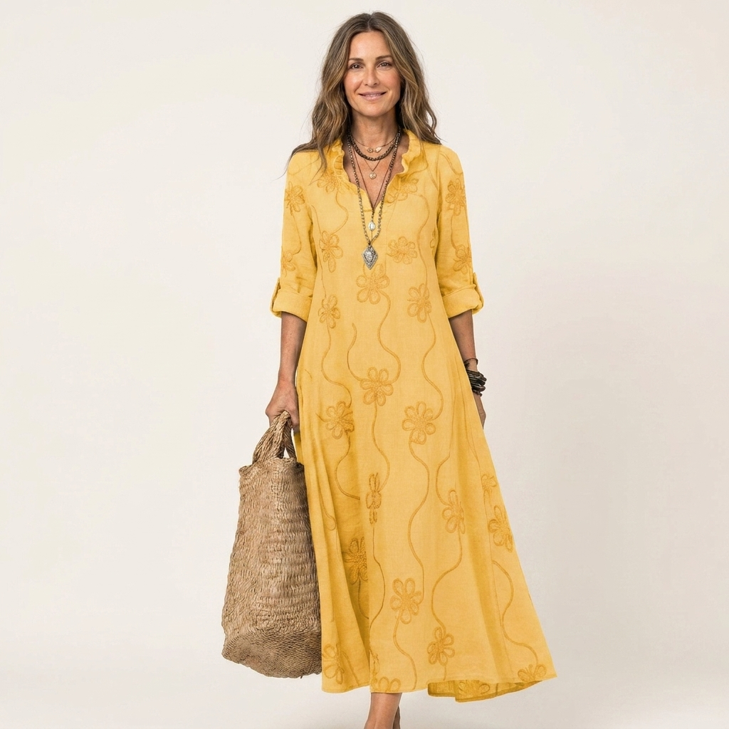 Mariam | Cotton Linen Maxi Dress With Tonal Floral Embroidery