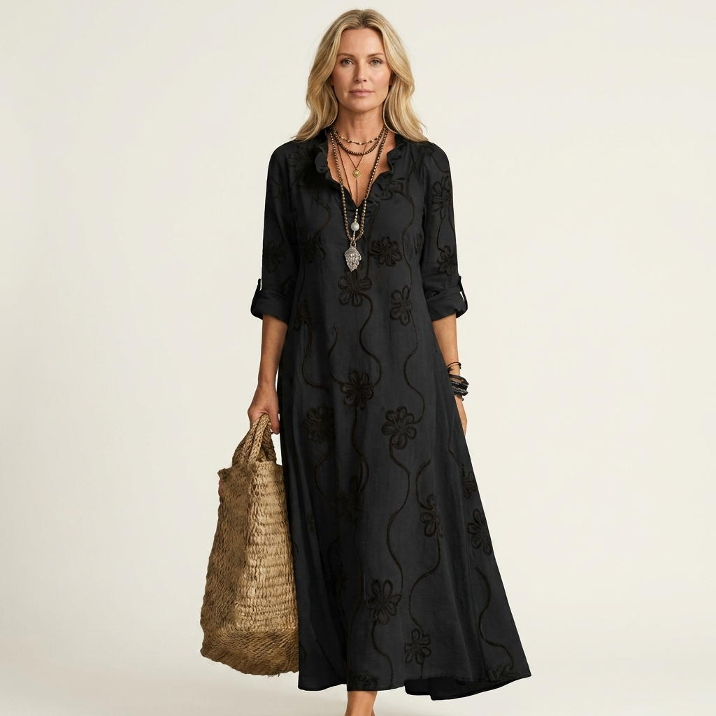 Mariam | Cotton Linen Maxi Dress With Tonal Floral Embroidery