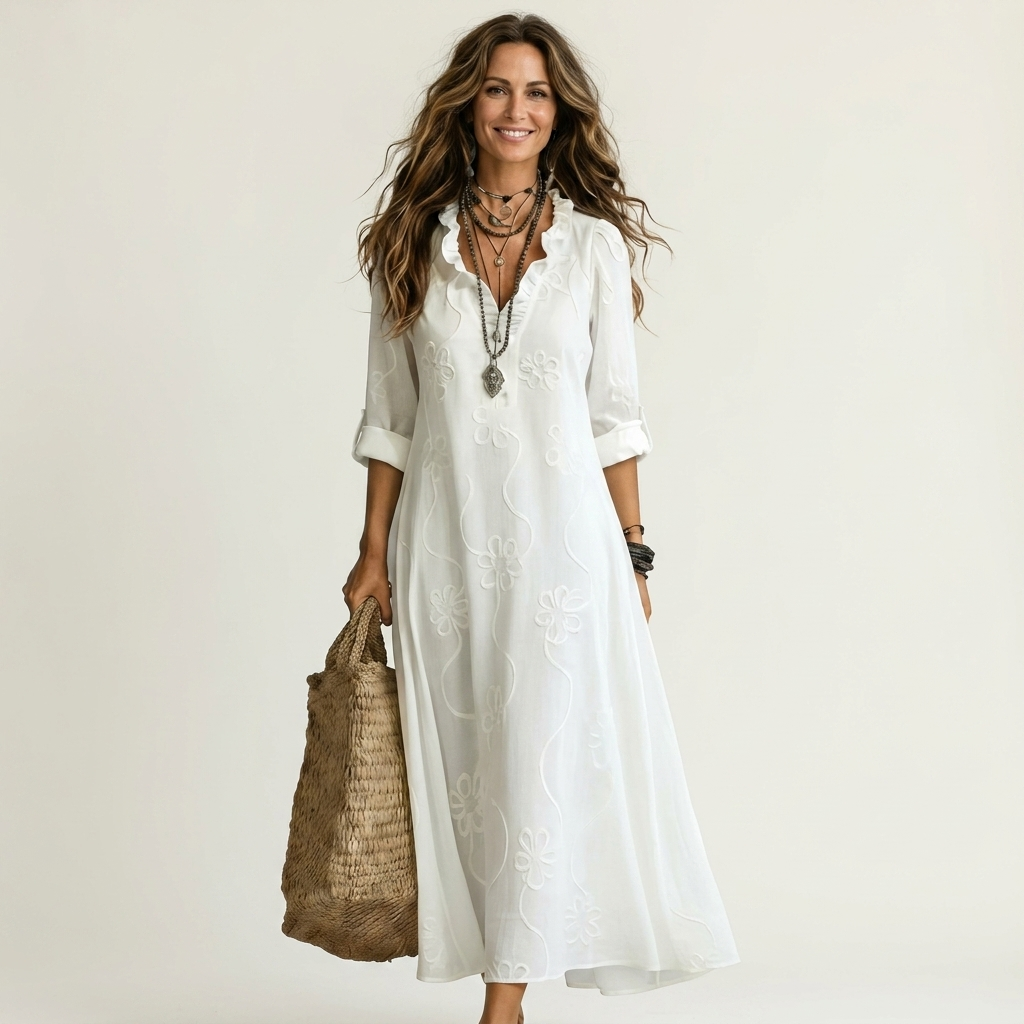 Mariam | Cotton Linen Maxi Dress With Tonal Floral Embroidery