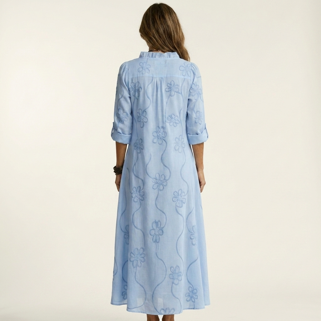 Mariam | Cotton Linen Maxi Dress With Tonal Floral Embroidery