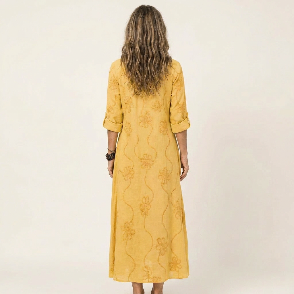 Mariam | Cotton Linen Maxi Dress With Tonal Floral Embroidery