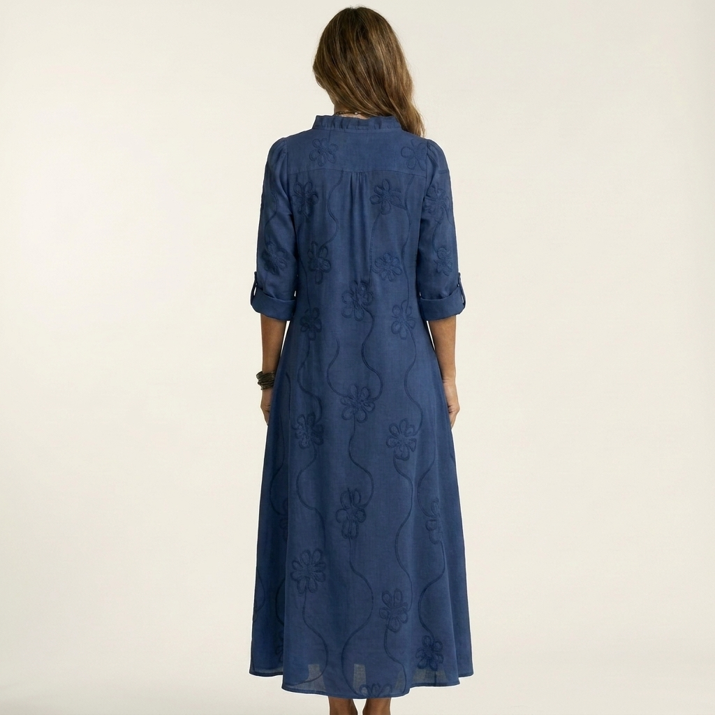 Mariam | Cotton Linen Maxi Dress With Tonal Floral Embroidery