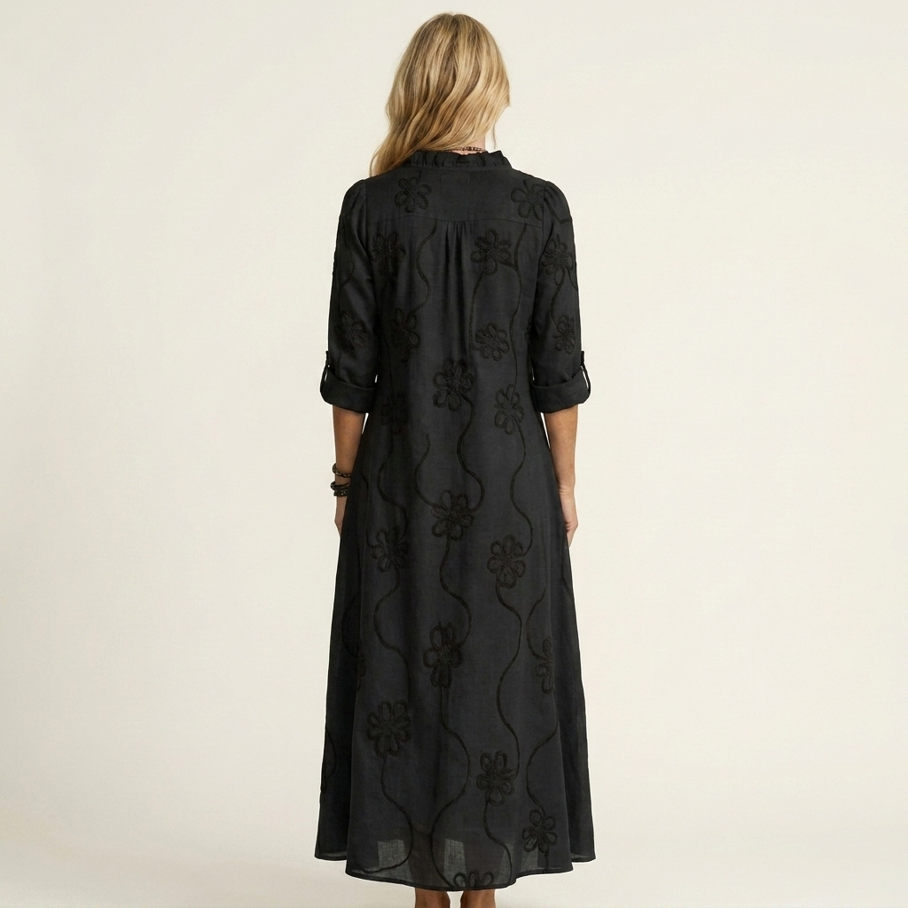 Mariam | Cotton Linen Maxi Dress With Tonal Floral Embroidery