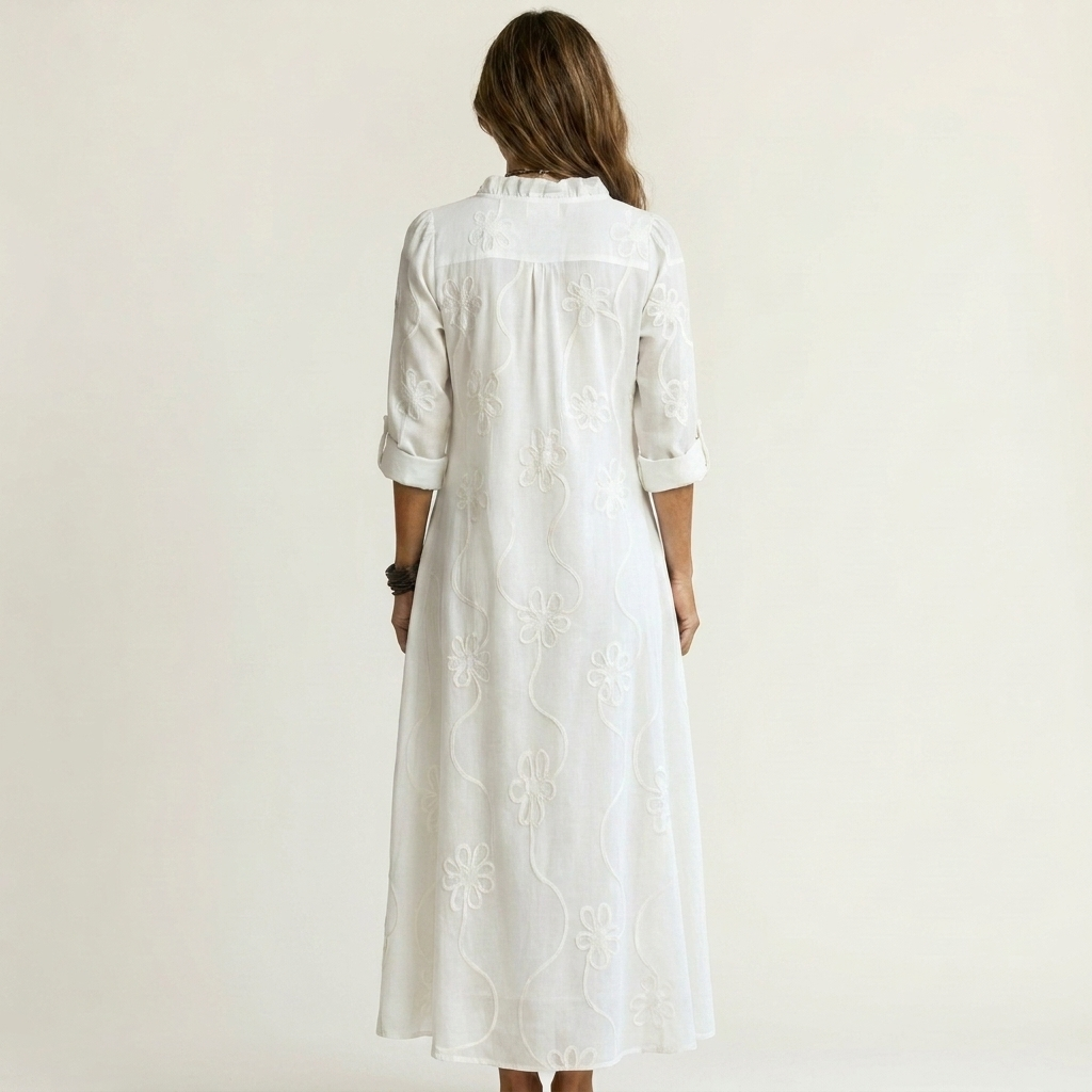 Mariam | Cotton Linen Maxi Dress With Tonal Floral Embroidery