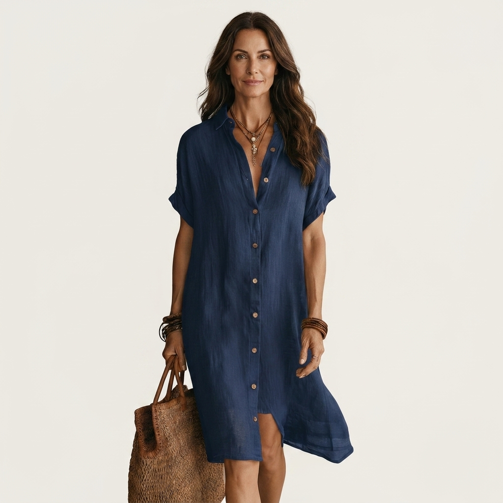 Nidalie | Cotton Linen Midi Shirt Dress With Rolled Cuffs
