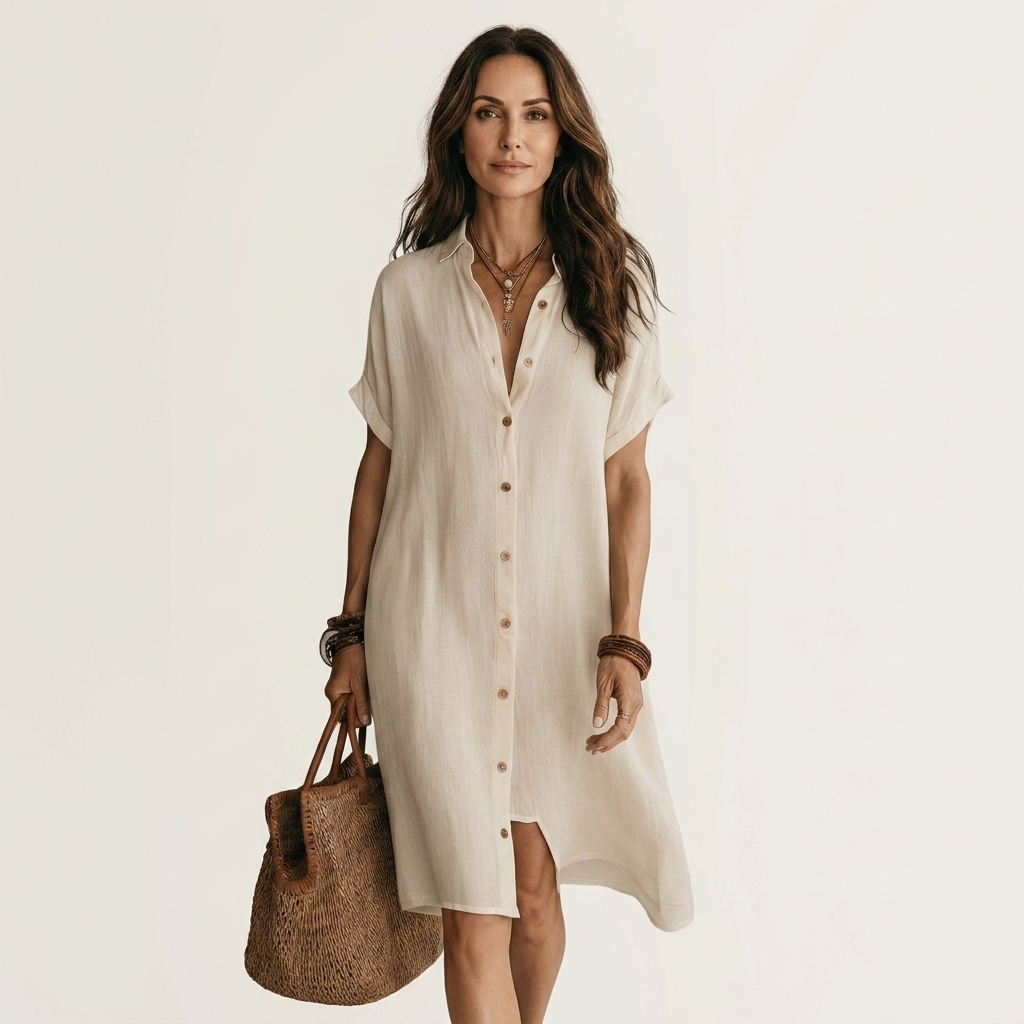 Nidalie | Cotton Linen Midi Shirt Dress With Rolled Cuffs