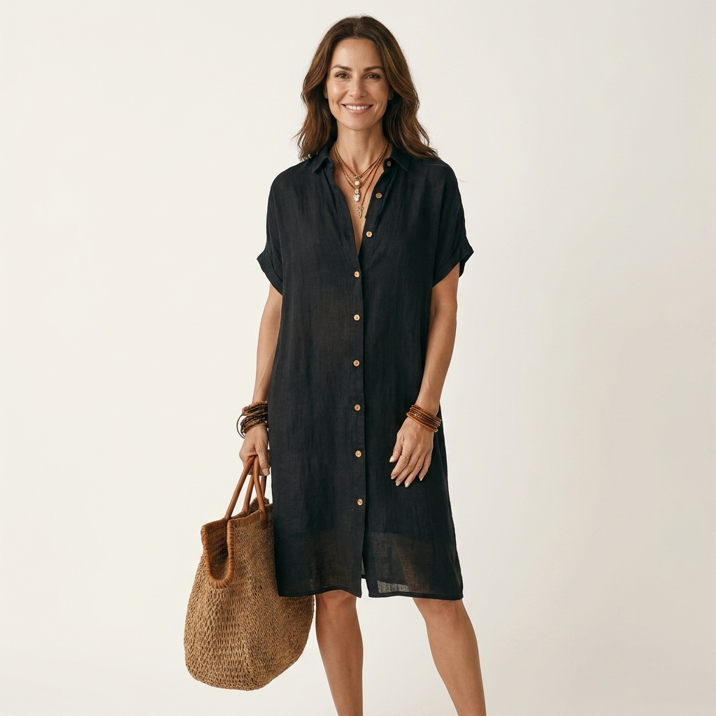 Nidalie | Cotton Linen Midi Shirt Dress With Rolled Cuffs