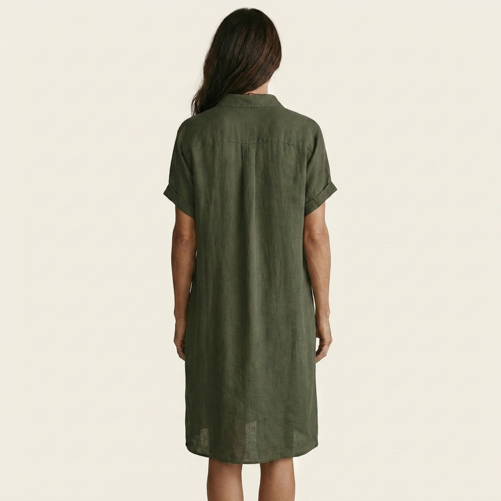 Nidalie | Cotton Linen Midi Shirt Dress With Rolled Cuffs