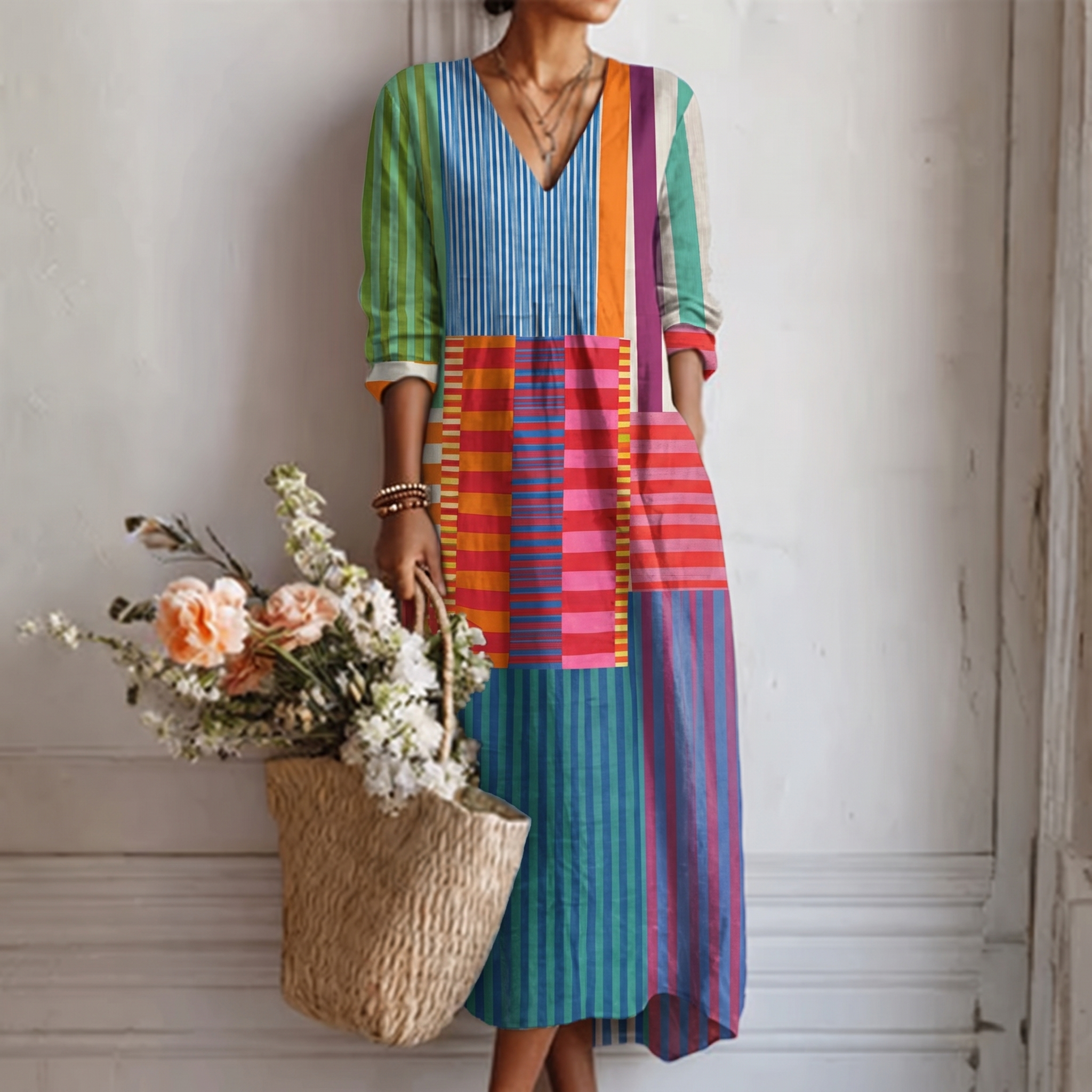 Lucia | Striped V Neck Maxi Dress