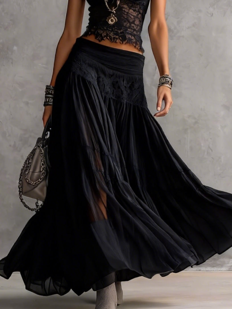 Ingrid | Sheer Lace Panelled Top and Pleated Maxi Skirt Set