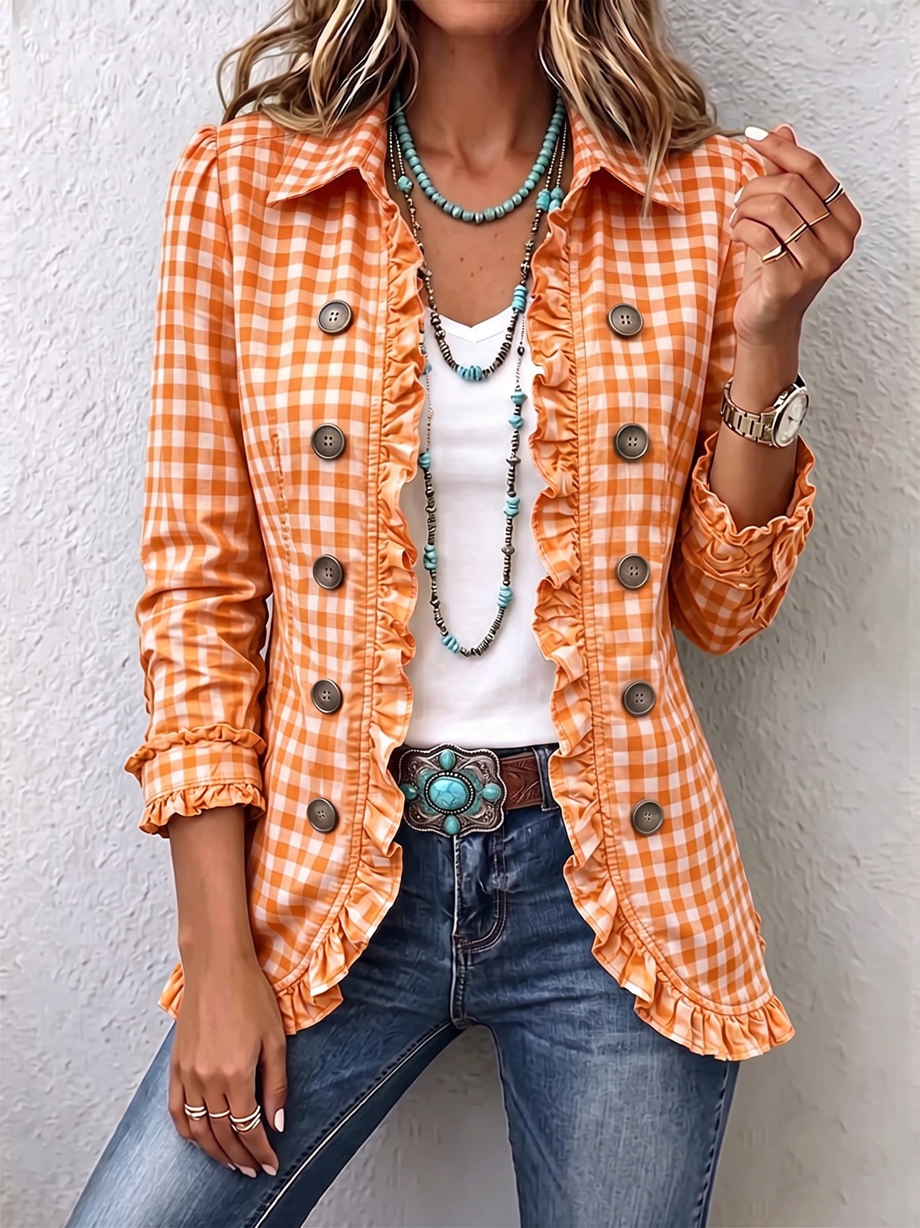 Charlene | Gingham Ruffled Button Down Jacket