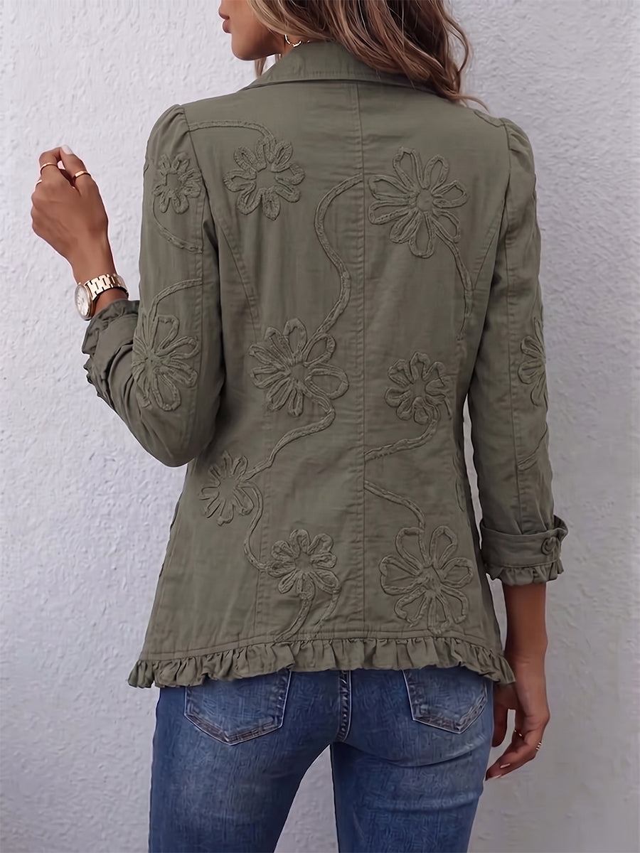 Kamberly | Boho Chic Floral Embroidered Utility Ruffled Trim Jacket