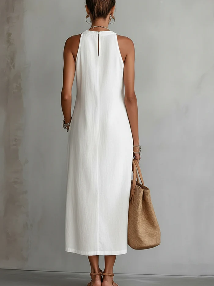 Lorna | Linen Midi Dress with Mao Collar