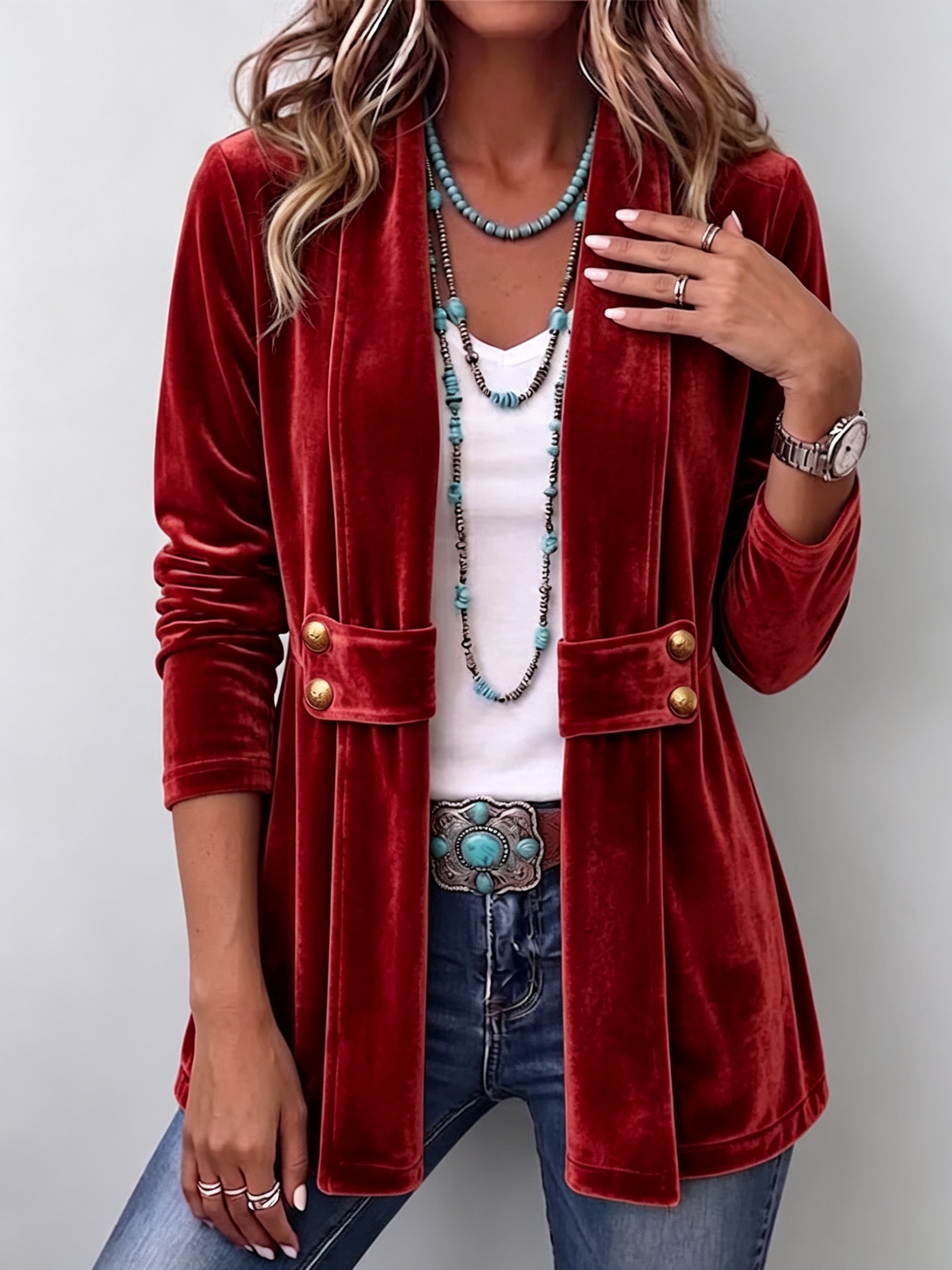Holliwell | Vintage Lapel Button Accent Long Sleeve Open Front Jacket