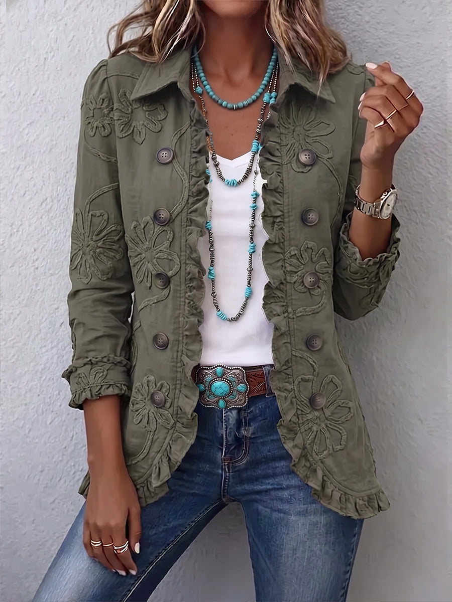 Kamberly | Boho Chic Floral Embroidered Utility Ruffled Trim Jacket