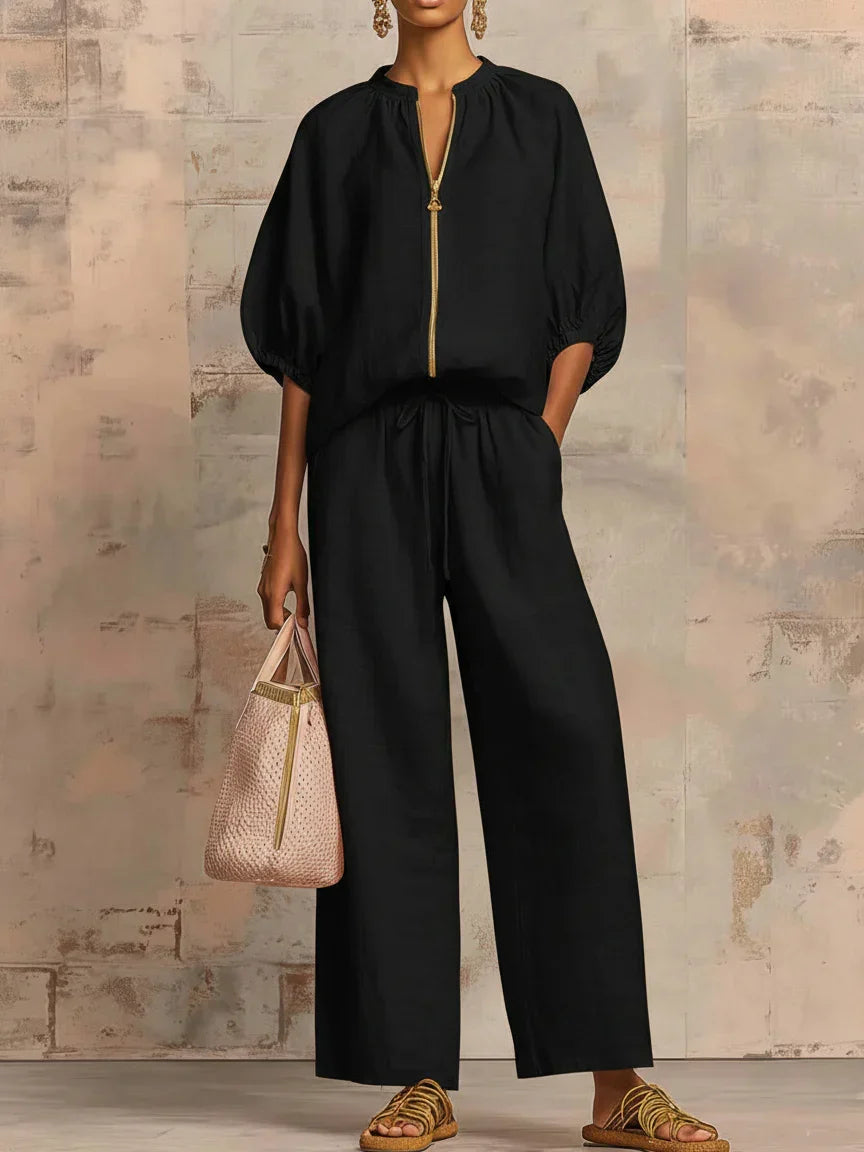 Alba | Two Piece Set Relaxed Style Shirt and Wide Leg Trousers