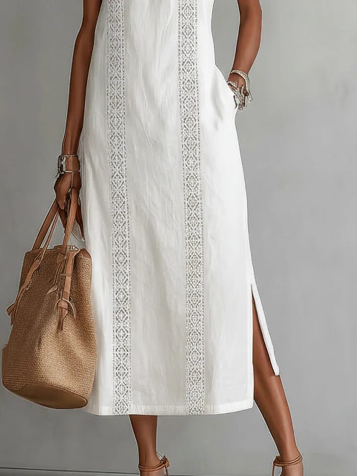 Lorna | Linen Midi Dress with Mao Collar