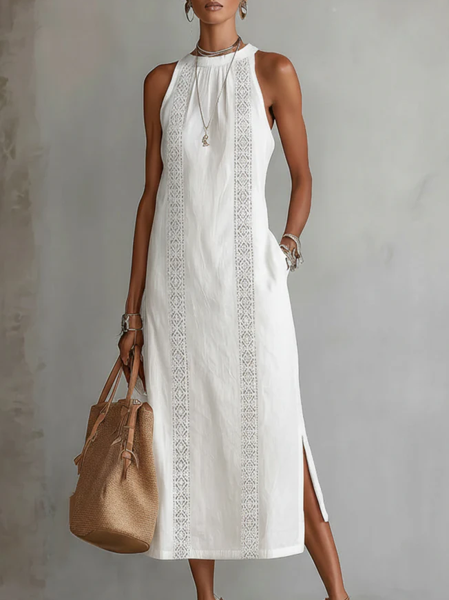 Lorna | Linen Midi Dress with Mao Collar