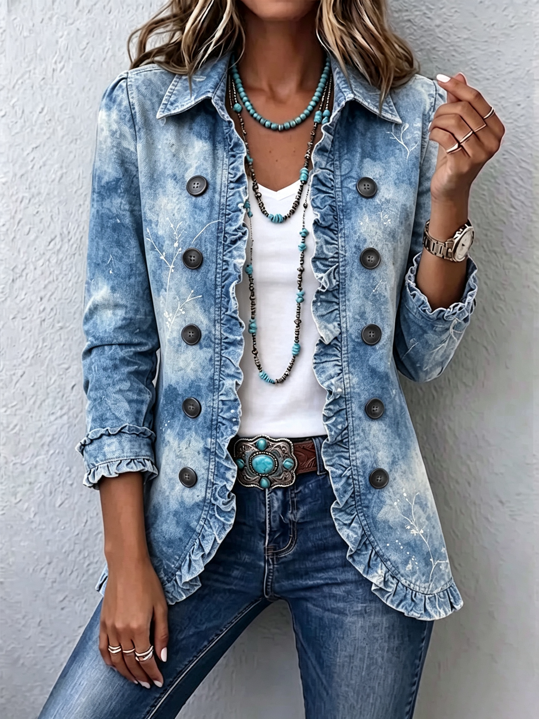 Jemison | Boho Style Gradient Vintage Botanical Print Ruffle Detail Jacket